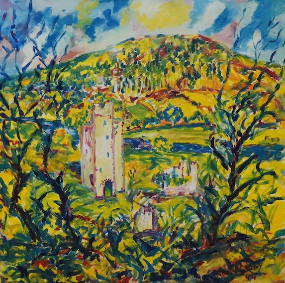 Ramie Leahy (Irish, b.1950), abstract oil on canvas, ‘Dysart Castle, Berkeley’s Birthplace’, signed and dated '94, 101 x 101cm, unframed. Condition - good
